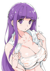  1girl ^^^ blunt_bangs breasts camisole cleavage commentary covered_erect_nipples fern_(sousou_no_frieren) hair_ornament hashiguchi_takashi highres large_breasts long_hair looking_at_viewer midriff purple_eyes purple_hair simple_background sleeveless solo sousou_no_frieren surprised underwear undressing upper_body white_background white_camisole 