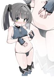 1girl bare_shoulders black_hair black_panties blue_gloves blush boots breasts cameltoe clenched_hand fingerless_gloves gloves highres loli looking_at_viewer multiple_views ocha_(popopogg) open_mouth original panties small_breasts spread_navel sweat twintails underwear yellow_eyes  rating:Questionable score:30 user:danbooru