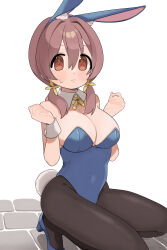 1girl absurdres alternate_costume animal_ear_fluff animal_ears black_pantyhose blue_footwear blue_hairband blue_leotard breasts brown_eyes brown_hair commentary covered_navel detached_collar fake_animal_ears frown hair_between_eyes hairband hands_up high_heels highres large_breasts leotard long_hair looking_at_viewer low_twintails melumoto_a murosaki_miyo onii-chan_wa_oshimai! pantyhose playboy_bunny rabbit_ears rabbit_tail shoes solo squatting sweatdrop tail twintails wrist_cuffs rating:Sensitive score:13 user:danbooru