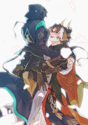  1boy 1girl absurdres arknights armor black_coat black_hair black_nails blush brown_hair carrying child_carry chinese_clothes chong_yue_(arknights) coat colored_extremities doctor_(arknights) dragon_boy dragon_horns ear_blush earrings facing_another falling_petals feet_out_of_frame female_doctor_(arknights) gradient_hair hetero high_collar highres hood hood_up hooded_coat horns jewelry long_hair long_sleeves looking_at_another low_ponytail multicolored_eyes multicolored_hair open_mouth pants pauldrons petals pointy_ears red_eyes rerebrace shoulder_armor single_pauldron single_sleeve standing streaked_hair walhee221 white_background white_hair white_pants wide_sleeves 