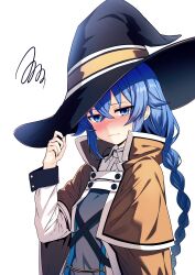  1girl absurdres black_hat blue_eyes blue_hair blush braid breasts brown_cloak cloak closed_mouth collared_shirt commentary_request dress_shirt hair_between_eyes hand_on_headwear hand_up hat highres kanogi long_hair long_sleeves mushoku_tensei nose_blush roxy_migurdia shirt simple_background small_breasts solo squiggle upper_body very_long_hair wavy_mouth white_background white_shirt 