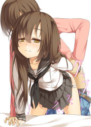  1boy 1girl arm_grab arm_held_back arm_support bed bent_over blush brown_eyes brown_hair clothed_sex clothes_lift clothes_pull colored_eyelashes doggystyle hetero loli long_hair original panties pants pants_pull panty_pull peragura pleated_skirt pussy_juice sailor_collar school_uniform serafuku sex sex_from_behind short_hair skindentation skirt skirt_lift solo_focus twintails two_side_up underwear white_panties  rating:Explicit score:203 user:danbooru