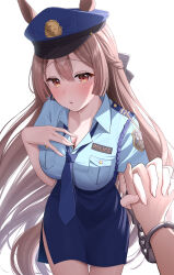  1girl absurdres alternate_costume animal_ears blue_hat blue_necktie blue_shirt blue_skirt breasts brown_hair cleavage clothes_writing commentary_request cuffs ears_through_headwear handcuffs hat highres holding_hands horse_ears horse_girl horse_tail interlocked_fingers long_hair looking_at_viewer medium_breasts necktie orange_eyes pencil_skirt police police_hat police_uniform policewoman satono_diamond_(umamusume) sayosayo-0 shirt short_sleeves simple_background skirt solo_focus tail umamusume uniform white_background 