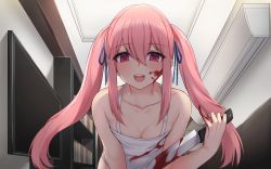  1girl bare_shoulders blood blood_on_clothes blood_on_hands blue_ribbon blush breasts cleavage collarbone commentary empty_eyes hair_ribbon highres holding holding_knife indoors k_jin knife long_hair looking_at_viewer medium_breasts open_mouth original pov red_eyes ribbon smile solo teeth twintails upper_teeth_only very_long_hair yandere  rating:Sensitive score:19 user:danbooru