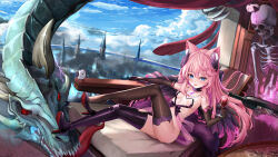  1girl absurdres alcohol animal_ears bare_shoulders bird black_gloves black_thighhighs blue_eyes boots bottle breasts castle chair chest_tattoo chinese_commentary choker cloud cup demon_girl dragon drinking_glass earrings fantasy feather_boa feathered_wings full_body gloves hair_between_eyes heart high_heel_boots high_heels highres holding holding_cup indie_virtual_youtuber jewelry lace_trim leg_up long_hair looking_at_viewer lounge_chair medium_breasts no_panties pink_hair revealing_clothes sakurada_hane scenery sechka skeleton sky smile tattoo thighhighs thighs tower virtual_youtuber wine wine_bottle wine_glass wings  rating:Sensitive score:19 user:danbooru