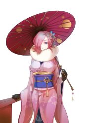  1girl alternate_costume blue_eyes commentary_request cowboy_shot curly_eyebrows fur_scarf gloves hair_ornament hair_over_one_eye highres holding holding_umbrella japanese_clothes kimono light_smile medium_hair obi one_piece pink_hair pink_kimono sash simple_background solo tang_fen_yifu umbrella vinsmoke_reiju white_background wide_sleeves 