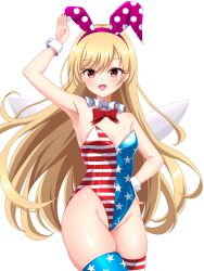  1girl absurdres adapted_costume american_flag american_flag_legwear american_flag_print animal_ears blonde_hair bow bowtie cipher_(user_watm8555) clownpiece cowboy_shot detached_collar fairy_wings flag_print green_eyes highres leotard long_hair playboy_bunny rabbit_ears red_leotard simple_background solo strapless strapless_leotard thighhighs touhou white_background wings wrist_cuffs 
