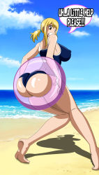  1girl ass ass_focus beach blonde_hair blue_sky breasts brown_eyes clenched_teeth cloud english_text fairy_tail female_focus from_behind grimphantom highres large_breasts looking_at_viewer lucy_heartfilia ocean one-piece_swimsuit outdoors ponytail sand shadow sky soles solo stuck swimsuit teeth text_focus water  rating:Explicit score:106 user:Dannywhitesmith