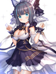  1girl :3 ame_sagari animal_ears azur_lane bare_shoulders black_bow black_bowtie black_hair blue_eyes blue_hair blunt_bangs blush bow bowtie breasts buttons cat_ears cheshire_(azur_lane) cleavage closed_mouth collar commentary cowboy_shot cross cross-laced_clothes cross-laced_sleeves detached_collar detached_sleeves dress eyelashes fang fang_out frilled_dress frilled_hairband frilled_sleeves frilled_wrist_cuffs frills hair_bow hairband large_breasts looking_at_viewer maid_headdress medium_hair multicolored_hair multiple_hair_bows puffy_short_sleeves puffy_sleeves purple_dress purple_wrist_cuffs ribbon short_dress short_sleeves simple_background skin_fang sleeveless sleeveless_dress smile solo sparkle straight_hair streaked_hair striped_bow striped_bowtie striped_clothes train_(clothing) white_background white_bow white_collar white_hairband white_ribbon white_sleeves white_veil wrist_cuffs 