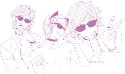  2boys animal_ears bell cat_ears cosmic-artsu earrings jewelry male_focus monochrome multiple_boys nail_polish nipple_piercing nipples oral penis piercing ring sequential shirt smile sunglasses tongue tongue_out tongue_piercing uncensored yaoi yarichin_bitch-bu yuri_ayato  rating:Explicit score:10 user:destroyamoon