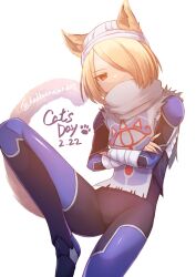  1girl absurdres androgynous animal_ears bandages blonde_hair bodysuit cat_day cat_ears cat_tail closed_mouth dated hair_over_one_eye highres looking_at_viewer mask nintendo red_eyes reverse_trap sheik short_hair simple_background solo supure647 tail the_legend_of_zelda the_legend_of_zelda:_ocarina_of_time turban white_background 