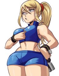  1girl 2024 absurdres adjusting_clothes bare_legs blonde_hair blue_eyes blue_shirt blue_shorts breasts collarbone commentary cowboy_shot crop_top curvy english_commentary exhausted female_focus from_below gun hand_on_own_hip high_collar highres holding holding_gun holding_weapon large_breasts long_hair metroid midriff mole mole_under_mouth moxydraws nintendo parted_lips ponytail samus_aran shirt short_shorts shorts sidelocks simple_background solo standing super_smash_bros. sweatdrop swpet_bangs weapon white_background wide_hips wrist_cuffs 