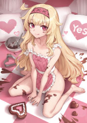 1girl :q absurdres apron bare_arms bare_shoulders barefoot between_legs blonde_hair candy checkered_floor chocolate chocolate_heart closed_mouth feet food frilled_apron frills full_body hairband heart highres little_witch_nobeta long_hair looking_at_viewer naked_apron naughty_face nobeta non-web_source official_art oopartz_yang pink_apron red_eyes sitting smile solo strap_slip thighs toes tongue tongue_out v_arms very_long_hair wariza whisk yes yes-no_pillow rating:Questionable score:58 user:danbooru