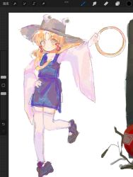  1girl black_footwear blonde_hair blue_skirt blue_vest brown_hat closed_mouth footwear_ribbon full_body hair_ribbon hand_on_own_hip hat highres holding holding_jewelry holding_ring jewelry long_sleeves mary_janes medium_hair miniskirt moriya_suwako outstretched_arm parted_bangs procreate_(medium) procreate_(software) red_ribbon ribbon ring shirt shoes simple_background skirt skirt_set smile snake solo standing thighhighs touhou tress_ribbon vest white_background white_shirt white_sleeves white_thighhighs wide_sleeves yellow_eyes youshouhaoxianzhe 