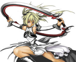  1girl armpits bare_shoulders blonde_hair boots breasts chakram detached_sleeves dress floating_hair grin halterneck holding holding_weapon huge_weapon jewelry knee_boots kurokurokuro legs_apart looking_at_viewer original outstretched_arms purple_eyes ring simple_background small_breasts smile solo spread_arms turtleneck twintails weapon white_background  rating:Sensitive score:4 user:danbooru