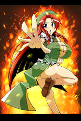  1girl ass blue_eyes braid breasts cleavage covered_erect_nipples female_focus fighting_stance fire fire hat hong_meiling huge_breasts leg_lift legs long_hair no_panties open_mouth red_hair regls shoes solo standing touhou  rating:Questionable score:13 user:Xander