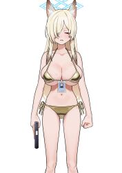  1girl absurdres anger_vein animal_ear_fluff animal_ears bikini blonde_hair blue_archive blue_halo blush breasts clenched_hand closed_eyes collarbone commentary_request cowboy_shot dog_ears dog_girl fffukuzawa glock gold_bikini gun hair_over_one_eye halo handgun highres holding holding_gun holding_weapon id_card kanna_(blue_archive) large_breasts long_hair simple_background solo standing sweat swimsuit teeth weapon white_background 