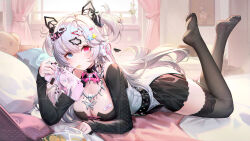  1girl absurdres bandaid bare_shoulders black_dress black_thighhighs blue_eyes breasts curtains dress eating heterochromia highres holding holding_phone indoors large_breasts legs_up long_hair looking_at_viewer lying no_shoes on_bed on_stomach original phone pillow pink_hair q18607 red_eyes sleeves_past_wrists solo stuffed_animal stuffed_toy teddy_bear thighhighs two-tone_dress two_side_up very_long_hair white_dress white_hair window zettai_ryouiki 