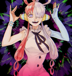  1girl abstract_background black_bow bow bracelet dress gloves hair_over_one_eye hair_rings headphones highres jewelry long_hair multicolored_hair one_piece open_mouth purple_eyes red_hair shiso_i4 single_glove solo teeth two-tone_hair upper_teeth_only uta_(one_piece) white_dress white_hair 