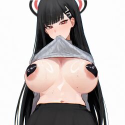  1girl areola_slip black_hair blue_archive blunt_bangs blush breasts clothes_in_mouth hair_ornament hairclip halo heart_pasties highres lifting_own_clothes lines_onsen long_hair looking_at_viewer mole mole_on_breast navel pasties red_eyes rio_(blue_archive) simple_background skirt solo sweat sweater turtleneck turtleneck_sweater white_background 