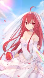 1girl alternate_costume bare_shoulders blue_sky bouquet breasts bridal_veil bride choker cleavage collarbone commentary_request date_a_live day dress elbow_gloves floral_print flower gloves hair_between_eyes highres itsuka_kotori jewelry long_hair looking_at_viewer mo_(pixiv9929995) outdoors petals red_eyes red_hair ring sky small_breasts smile solo strapless strapless_dress thighhighs veil very_long_hair wedding_dress white_dress white_gloves white_thighhighs rating:Sensitive score:20 user:danbooru