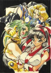  1990s_(style) 3girls ainu_clothes arm_under_breasts armor armpit_peek ass black_hair blonde_hair blue_eyes boots breast_hold breasts brown_eyes cameltoe cham_cham charlotte_christine_de_colde covered_erect_nipples fang feet fingerless_gloves garter_straps gloves green_eyes green_hair hair_ribbon half-closed_eyes highres index_finger_raised large_breasts legs long_hair looking_at_viewer lying multiple_girls nakoruru on_side open_mouth panties pantyshot pink_lips pointy_hair red_lips retro_artstyle ribbon samurai_spirits seductive_gaze seductive_smile smile snk thighs tongue traditional_media underwear weapon yokota_mamoru 