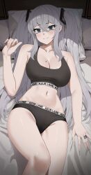  1girl absurdres azur_lane bare_shoulders bed black_bra black_panties blue_eyes blush bra breasts calvin_klein cleavage commission commissioner_upload cowboy_shot grey_hair hair_between_eyes hair_ornament highres intrepid_(azur_lane) jewelry large_breasts looking_at_viewer lying midriff mole mole_on_breast non-web_source nvl on_back on_bed panties pillow ring sidelocks smile stomach thighs two_side_up underwear wedding_ring 
