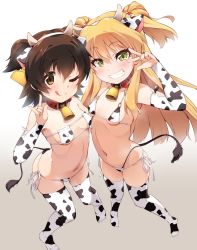  2girls ;q akagi_miria animal_ears animal_print bell bikini blonde_hair blush breasts brown_eyes brown_hair clenched_teeth collar commentary_request cow_ears cow_horns cow_print cow_tail ear_tag eyepatch_bikini fake_animal_ears fake_horns female_focus full_body gradient_background green_eyes grey_background grin highres horns idolmaster idolmaster_cinderella_girls jougasaki_rika loli long_hair looking_at_viewer m/ micro_bikini multiple_girls navel neck_bell nekono_matatabi one_eye_closed red_collar short_hair side-tie_bikini_bottom simple_background small_breasts smile standing swimsuit tail teeth thighhighs tongue tongue_out two_side_up w  rating:Questionable score:198 user:danbooru