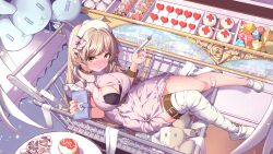 1girl balloon bandaged_leg bandages black_bra blonde_hair blush bra breasts bursting_breasts candy cleavage copyright_request curvy dress food from_above hat highres hikotou_(sao73cat) large_breasts lollipop looking_at_viewer nurse nurse_cap pink_dress shopping_cart solo stuffed_animal stuffed_rabbit stuffed_toy syringe underwear virtual_youtuber yellow_eyes