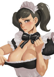  1girl absurdres black_bow black_hair blush bow breasts brown_eyes clothes_pull dress dress_pull frilled_dress frills highres kawakami_sadayo large_breasts lips looking_at_viewer maid maid_headdress medium_hair moonlit nipples no_bra one_breast_out persona persona_5 puffy_short_sleeves puffy_sleeves short_sleeves simple_background solo upper_body veins veiny_breasts white_background  rating:Questionable score:160 user:danbooru