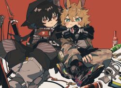  2boys animal_ears arknights ayerscarpe_(arknights) ayerscarpe_(tested_one)_(arknights) black_gloves black_jacket blonde_hair blush_stickers bottle brown_hair brown_jacket camouflage coin commentary_request crossed_legs feet_out_of_frame fingerless_gloves frown fur-trimmed_jacket fur_trim gloves green_eyes grey_pants highres hood hood_up hooded_jacket jacket leonhardt_(arknights) leonhardt_(finder_in_the_rough)_(arknights) looking_at_viewer lop_rabbit_ears male_focus multiple_boys pants rabbit_ears red_background red_eyes remu_(kudarizaka_25) staff two-tone_background white_background 