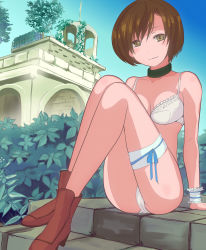00s boots breasts bridal_garter brown_hair cleavage day final_fantasy final_fantasy_ix from_side full_body garnet_til_alexandros_xvii high_heel_boots high_heels highres leg_ribbon legs_together outdoors plant plumsyrup ribbon short_hair sitting solo square_enix thigh_ribbon underwear underwear_only