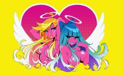  2girls abottleofstars ahoge album_cover_redraw angel angel_wings arms_up blonde_hair blue_bow blue_eyes blue_hair blue_lips blue_nails bow breasts colored_skin commentary cropped_torso derivative_work earrings english_commentary hair_bow hair_censor hair_over_breasts halftone halo heart highres hoop_earrings jewelry large_breasts licking_lips lipstick long_hair looking_at_viewer makeup multiple_girls nail_polish nude open_mouth panty_&amp;_stocking_with_garterbelt panty_(psg) pink_skin shiny_skin siblings sisters stocking_(psg) tongue tongue_out white_wings wings yellow_background yellow_lips 