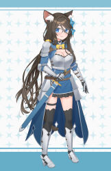  1girl absurdres aina_(mao_lian) animal_ear_fluff animal_ears armor armored_dress black_choker black_thighhighs blue_dress blue_eyes blush bow bowtie breasts brown_hair cat_ears choker cleavage closed_mouth dress frilled_dress frills full_body gauntlets glasses hair_between_eyes highres large_breasts long_hair mao_lian_(nekokao) original sheath sheathed shin_guards short_dress smile solo sword thighhighs very_long_hair weapon yellow_bow yellow_bowtie 