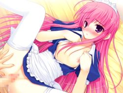  1boy 1girl blush breasts censored clothed_sex flat_chest game_cg hetero hime_x_hime kujouin_saki lying maid open_clothes penis pink_hair purple_eyes sex tagme tears thighhighs  rating:Explicit score:12 user:EvilGVDX