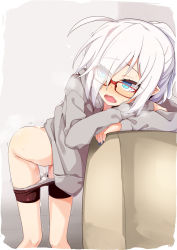 1girl aftersex ahoge ass bent_over bike_shorts blue_eyes blue_nails blush borrowed_character cum cum_in_pussy cum_on_ass cum_on_body cum_on_lower_body glasses highres hood hoodie leaning_forward nail_polish nowareno_(azuma_shino) ogami_kazuki pointy_ears simple_background solo trembling white_hair rating:Explicit score:145 user:DoctorWasabi