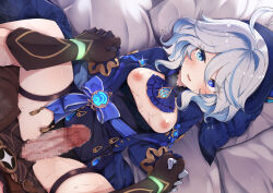  1boy 1girl ahoge ascot asymmetrical_gloves black_panties blue_ascot blue_bow blue_eyes blue_gemstone blue_hat blue_jacket blush bow breasts breasts_out brown_gloves censored clothes_lift dress dress_lift furina_(genshin_impact) gem genshin_impact gloves grey_hair hair_between_eyes hair_intakes hat heterochromia highres imminent_penetration imminent_vaginal jacket jon_(pixiv31559095) long_sleeves looking_at_viewer lying m_legs medium_hair mismatched_gloves mosaic_censoring nipples on_back panties parted_lips penis small_breasts solo_focus spread_legs sweat thigh_strap underwear 