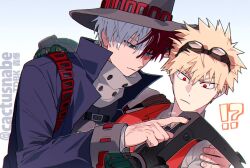  !? 2boys bakugou_katsuki blonde_hair blue_coat blue_eyes boku_no_hero_academia brown_eyes cactusnabe chest_strap closed_mouth coat goggles goggles_on_head grey_hat grey_shirt hat heterochromia highres light_frown long_sleeves male_focus motion_lines multiple_boys red_eyes red_hair red_vest shirt simple_background todoroki_shouto upper_body vest white_background white_hair 