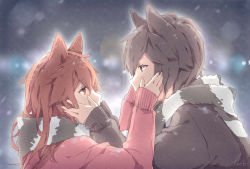  1boy 1girl absurdres animal_ears artist_name bad_id bad_pixiv_id brown_eyes brown_hair cat_ears coat eye_contact from_side fur_trim grey_eyes grey_hair hands_on_another&#039;s_face highres lm_(linmiu39) long_hair looking_at_another original profile scarf short_hair signature sleeves_past_wrists upper_body  rating:Sensitive score:2 user:danbooru
