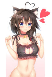 1girl :d ahoge animal_ears bell black_bra black_hair black_neckwear blue_eyes blush bottomless bra braid breasts cat_cutout cat_ears cat_lingerie choker cleavage cleavage_cutout clothing_cutout commentary_request frilled_bra frills gradient_background groin hair_flaps hair_over_shoulder hair_ribbon heart heart_ahoge highres jingle_bell kantai_collection kemonomimi_mode long_hair medium_breasts meme_attire navel open_mouth out-of-frame_censoring red_ribbon ribbon shigure_(kancolle) shigure_kai_ni_(kancolle) shiny_skin single_braid smile solo stomach tareme underwear underwear_only w_arms yuxian_youka rating:Questionable score:12 user:danbooru