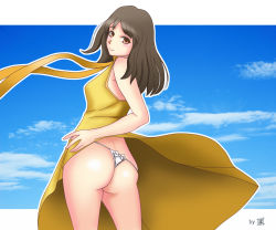  00s 1girl ass bare_shoulders blush breasts brown_eyes brown_hair clothes_lift dress dress_lift from_behind long_hair looking_at_viewer looking_back maqubee mishima_reika rahxephon ribbon shiny_skin smile solo thong underwear wind wind_lift 