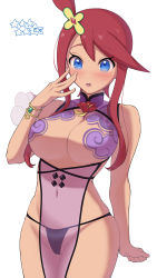  1girl adapted_costume alternate_costume arm_at_side bare_shoulders black_panties blue_eyes blush bodypaint breasts clenched_hand cowboy_shot creatures_(company) female_focus flower game_freak gem hair_ornament hand_to_own_mouth hand_up highres large_breasts long_hair maki_(letusgomaki) navel nintendo open_mouth panties pokemon pokemon_masters_ex red_flower red_gemstone red_hair revealing_clothes see-through sidelocks simple_background skindentation skyla_(anniversary_2022)_(pokemon) skyla_(pokemon) solo standing star_(symbol) stomach sweat swept_bangs teeth topknot underwear white_background  rating:Questionable score:60 user:AngryZapdos