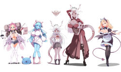  5girls anal_beads backpack backwards_virgin_killer_sweater bag bird_legs black_sclera black_thighhighs blonde_hair blue_eyes blue_hair breasts cleavage cleavage_cutout clothing_cutout colored_sclera commentary_request cutoffs dark-skinned_female dark_skin demon_girl demon_tail denim denim_shorts dildo dress extra_ears feathers full_body green_eyes hair_between_eyes halo harpy heart heart_tattoo highres horns lantern large_breasts long_hair looking_at_viewer maid maid_headdress maruakiho monster_girl multiple_girls navel open_mouth original parted_bangs pink_eyes pink_hair pointy_ears pubic_tattoo red_dress red_eyes sex_toy shirt shorts simple_background sleeveless sleeveless_shirt slime_(creature) slime_girl small_breasts tail talons tattoo thighhighs twintails white_background white_dress white_feathers white_hair white_shirt white_wings winged_arms wings 