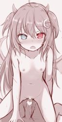  1boy 1girl blue_eyes blush breasts censored completely_nude girl_on_top heart heart_censor hetero heterochromia highres imminent_penetration imminent_vaginal loli long_hair multicolored_eyes nijisanji nipples nude open_mouth penis red_eyes ruma_b simple_background small_breasts virtual_youtuber wings yuzuki_roa  rating:Explicit score:74 user:AMAROXX
