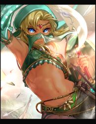  1boy androgynous arm_up armlet arrow_(projectile) blue_eyes closed_mouth crossdressing detached_sleeves gerudo_set_(zelda) harem_outfit head_scarf highres holding holding_weapon jewelry leaning_to_the_side letterboxed link male_focus mouth_veil navel nintendo serious sheikah_slate solo stomach tarakoutibiru the_legend_of_zelda the_legend_of_zelda:_breath_of_the_wild trap twitter_username veil weapon 