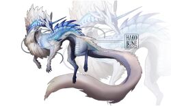  animal_focus artist_name blue_eyes claws dragon floating from_side full_body highres horns komiti multiple_animal_ears no_humans original scales simple_background single_horn solo tail twitter_username whiskers white_background zoom_layer 