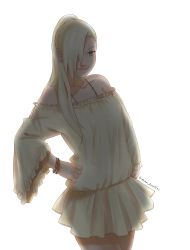  1girl artist_request bare_shoulders bracelet breasts collarbone dress earrings female_focus hands_on_own_hips highres jewelry long_hair long_sleeves naruto naruto_(series) no_pupils ponytail short_dress simple_background smile solo white_background white_dress wide_sleeves yamanaka_ino  rating:Sensitive score:30 user:happnik