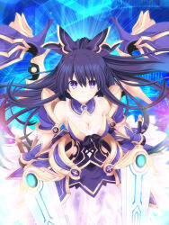  1girl alternate_form armor armored_dress bare_shoulders bow breasts cleavage closed_mouth date_a_live detached_collar dress dual_wielding gloves hair_between_eyes highres holding kagura_ittou long_hair looking_at_viewer medium_breasts ponytail purple_eyes purple_hair shoulder_armor solo sword v-shaped_eyebrows weapon yatogami_tooka 
