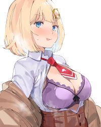  1girl :p absurdres blonde_hair blue_eyes blush bra breasts cleavage denizen_tomo hair_ornament high-waist_skirt highres hololive hololive_english jacket large_breasts looking_at_viewer medium_breasts necktie off_shoulder open_clothes open_jacket plaid plaid_skirt purple_bra red_necktie shirt short_hair short_necktie simple_background skirt smile solo sweat tongue tongue_out unbuttoned unbuttoned_shirt underwear virtual_youtuber watson_amelia white_background white_shirt 