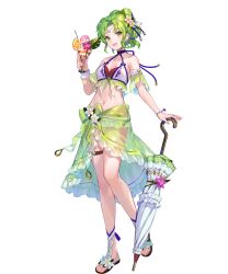  1girl alternate_costume bare_shoulders bikini breasts cleavage cup drinking_glass drinking_straw feet female_focus fire_emblem fire_emblem:_the_sacred_stones fire_emblem_heroes full_body fuzichoco green_eyes green_hair hair_ornament highres holding holding_cup holding_umbrella l&#039;arachel_(fire_emblem) l&#039;arachel_(summer)_(fire_emblem) legs long_hair looking_at_viewer matching_hair/eyes medium_breasts midriff navel nintendo non-web_source official_alternate_costume official_art sandals sarong smile solo standing stomach swimsuit toeless_footwear toes transparent_background umbrella  rating:Sensitive score:17 user:danbooru